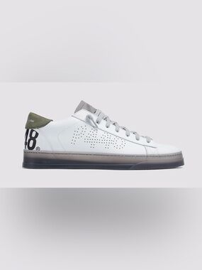 P448 Jack Moss White Leather Sneakers with Black/Grey Sole and Olive Heel Trim